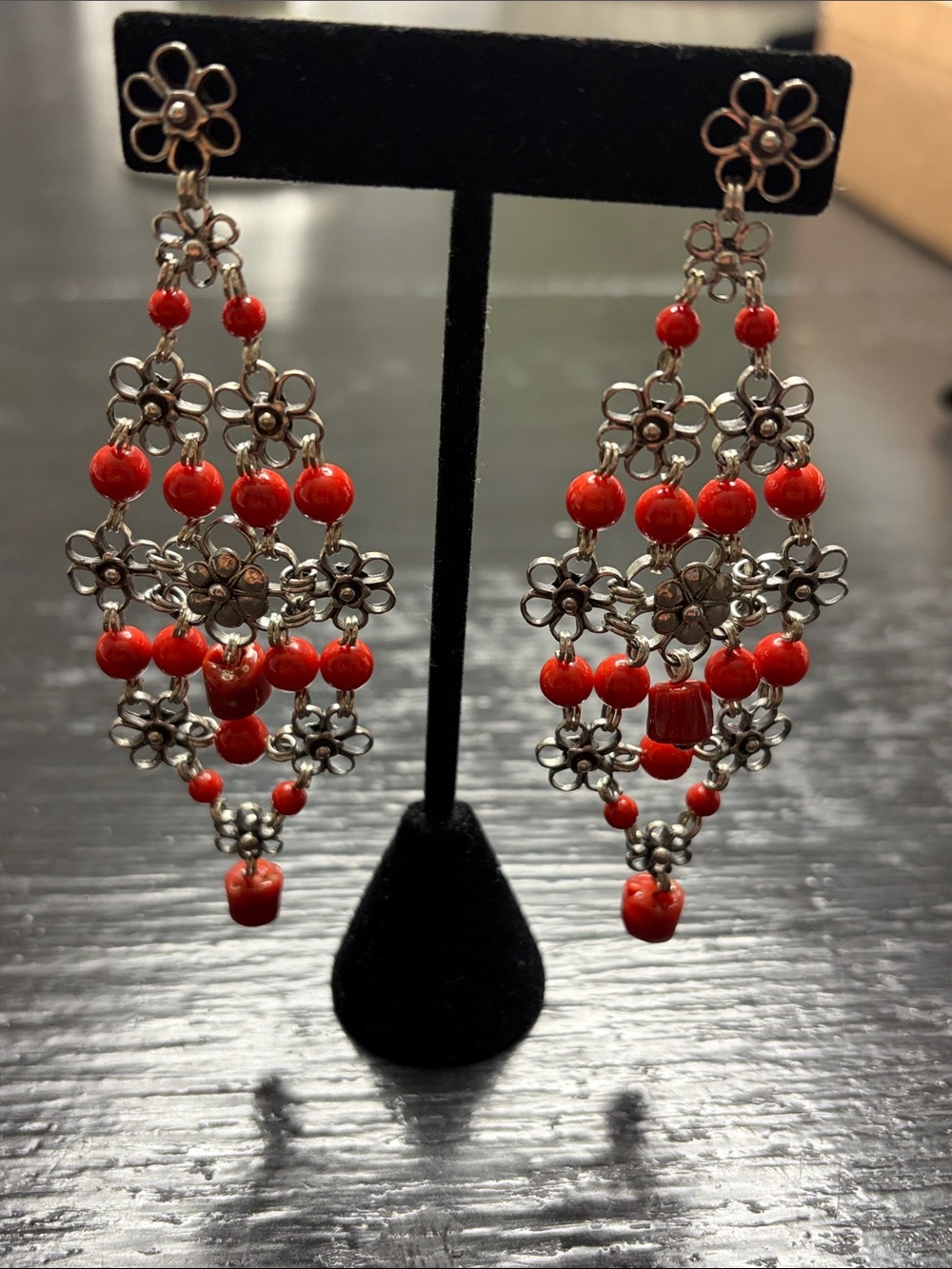 Red coral and silver chandelier earrings